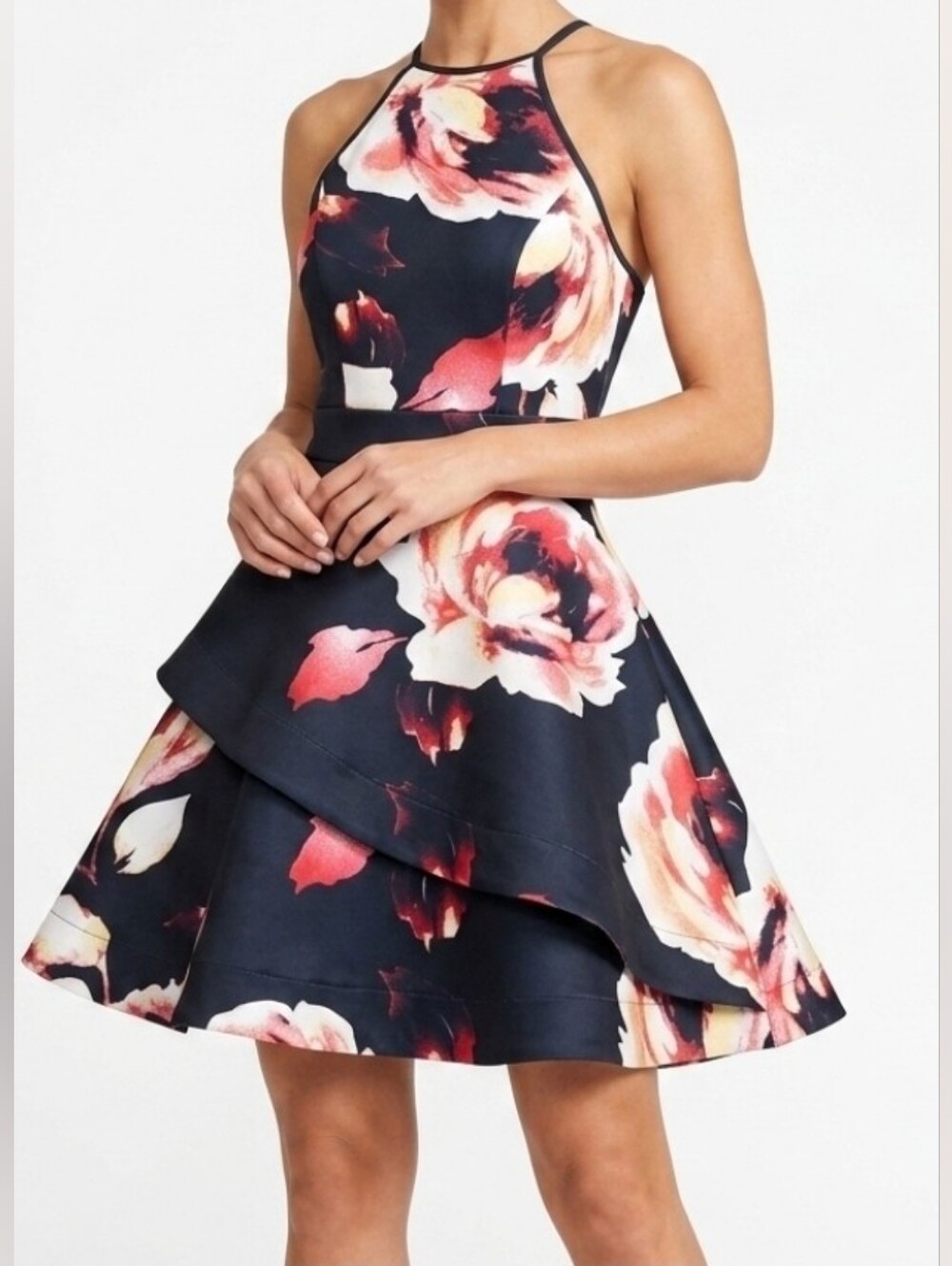 Papaya Floral Halter Fit-and-Flare Dress Small